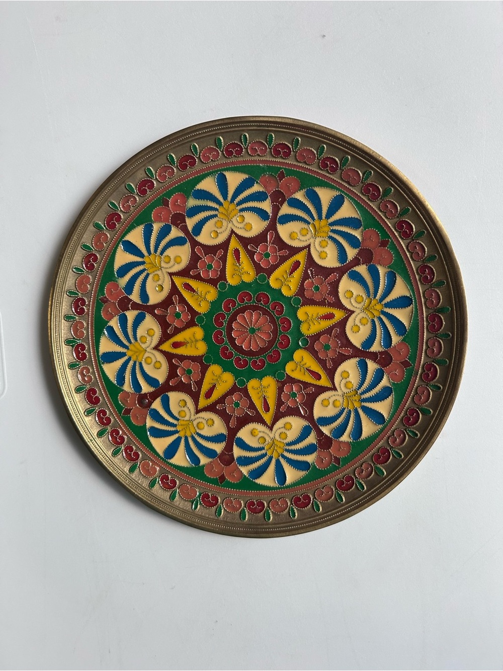 Vintage Indian Brass Champleve Enamel Wall Hanging Plate Floral Mandala Art
